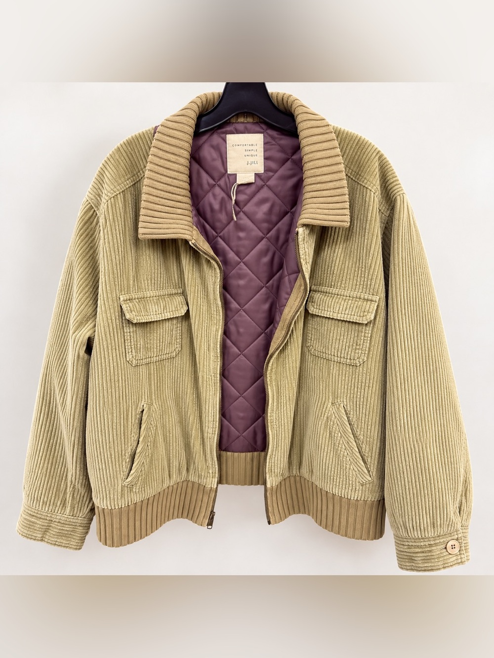J Jill Women’s XL Corduroy Jacket Beige Tan Quilted Lined Bomber Utility